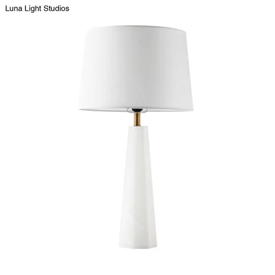 White Contemporary Desk Lamp With Fabric Shade - 1 Bulb Tapered Drum Night Table Light