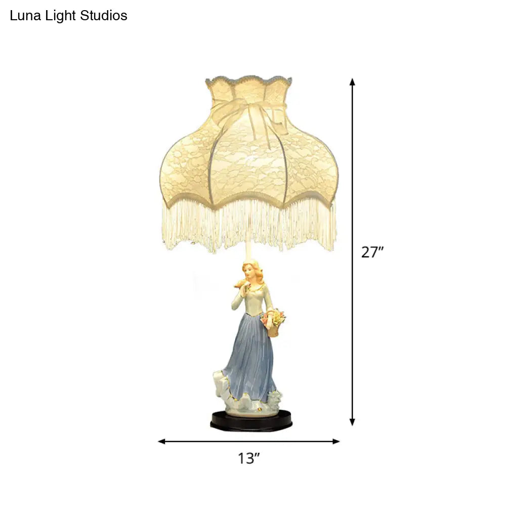 White Countryside Table Lamp With Fabric Shade & Ceramic Girl Decor - Single Bedroom Night Light