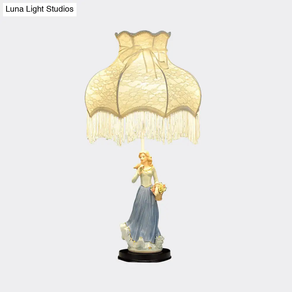 White Countryside Table Lamp With Fabric Shade & Ceramic Girl Decor - Single Bedroom Night Light