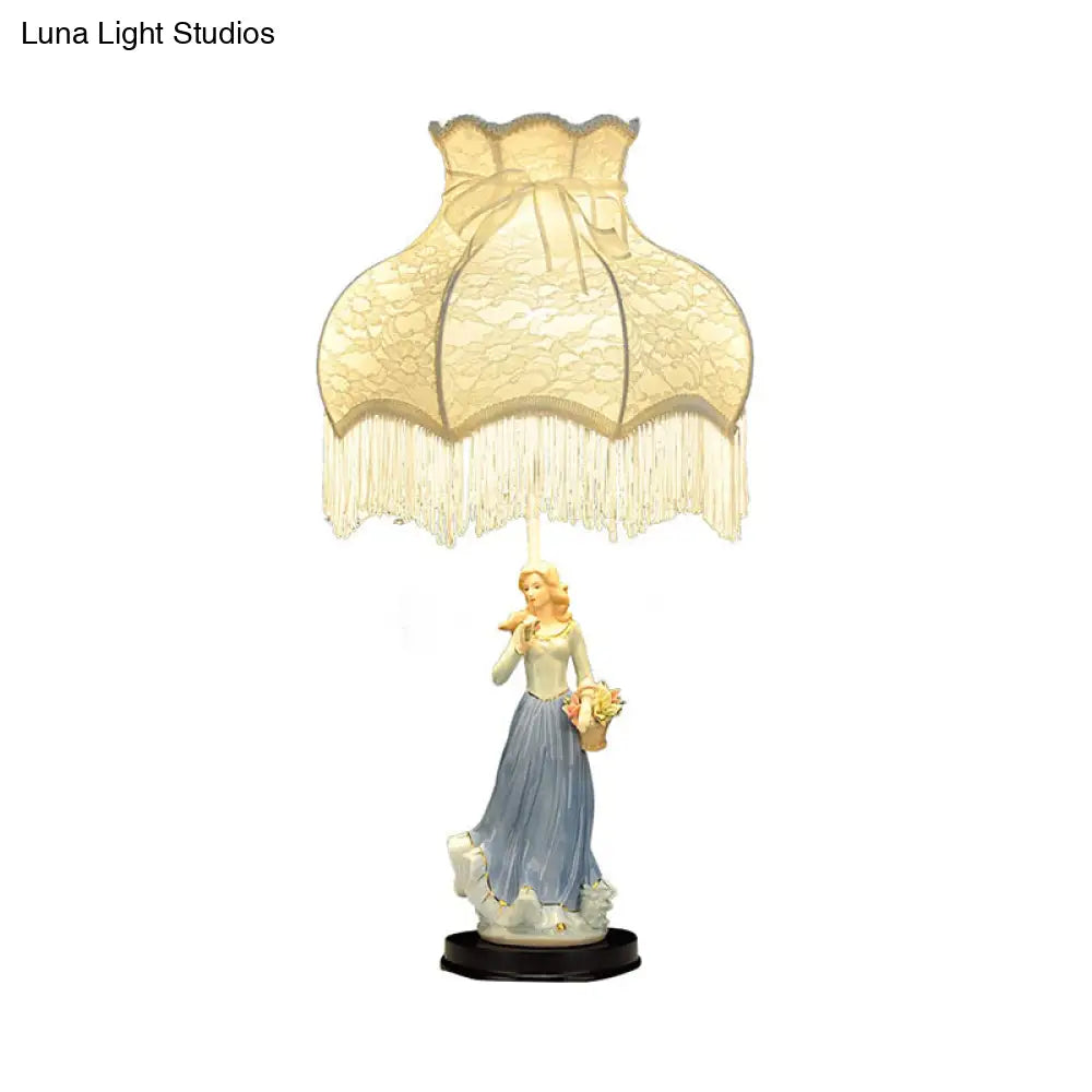 White Countryside Table Lamp With Fabric Shade & Ceramic Girl Decor - Single Bedroom Night Light