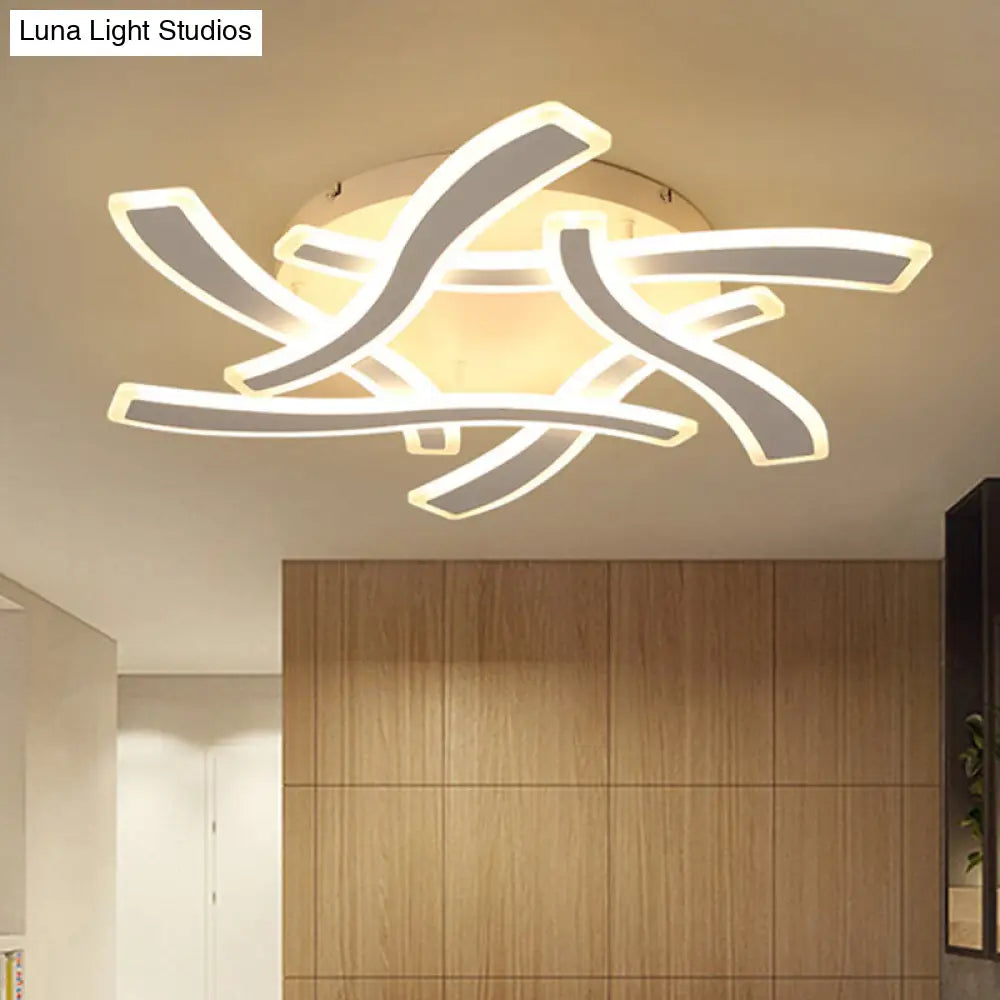 White Cross Wave Flush Mount Led Ceiling Light For Bedroom - Modernist Design And Warm Ambiance /