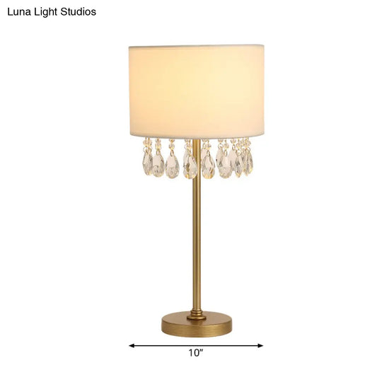 White Crystal Drum Desk Lamp For Bedroom - Traditional Fabric Light With 1 Bulb