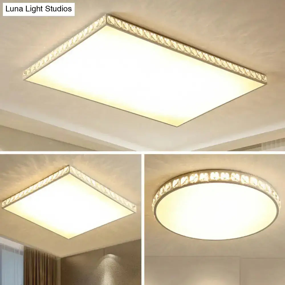 White Crystal Led Ceiling Lamp With Geometry Acrylic Shade - Bedroom Flush Mount Fixture