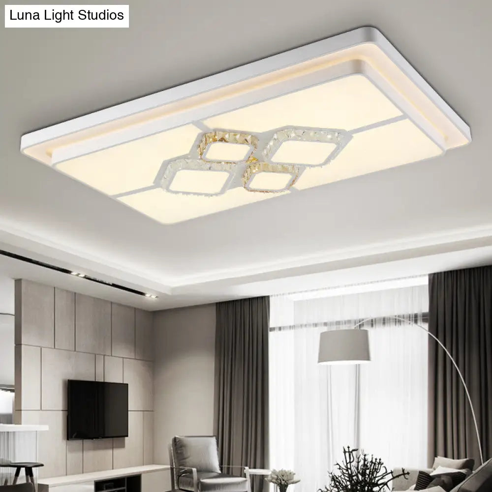 White Crystal Led Flush Mount Lamp For Living Room Square/Rectangular Design