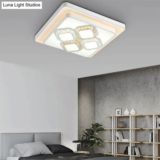 White Crystal Led Flush Mount Lamp For Living Room Square/Rectangular Design