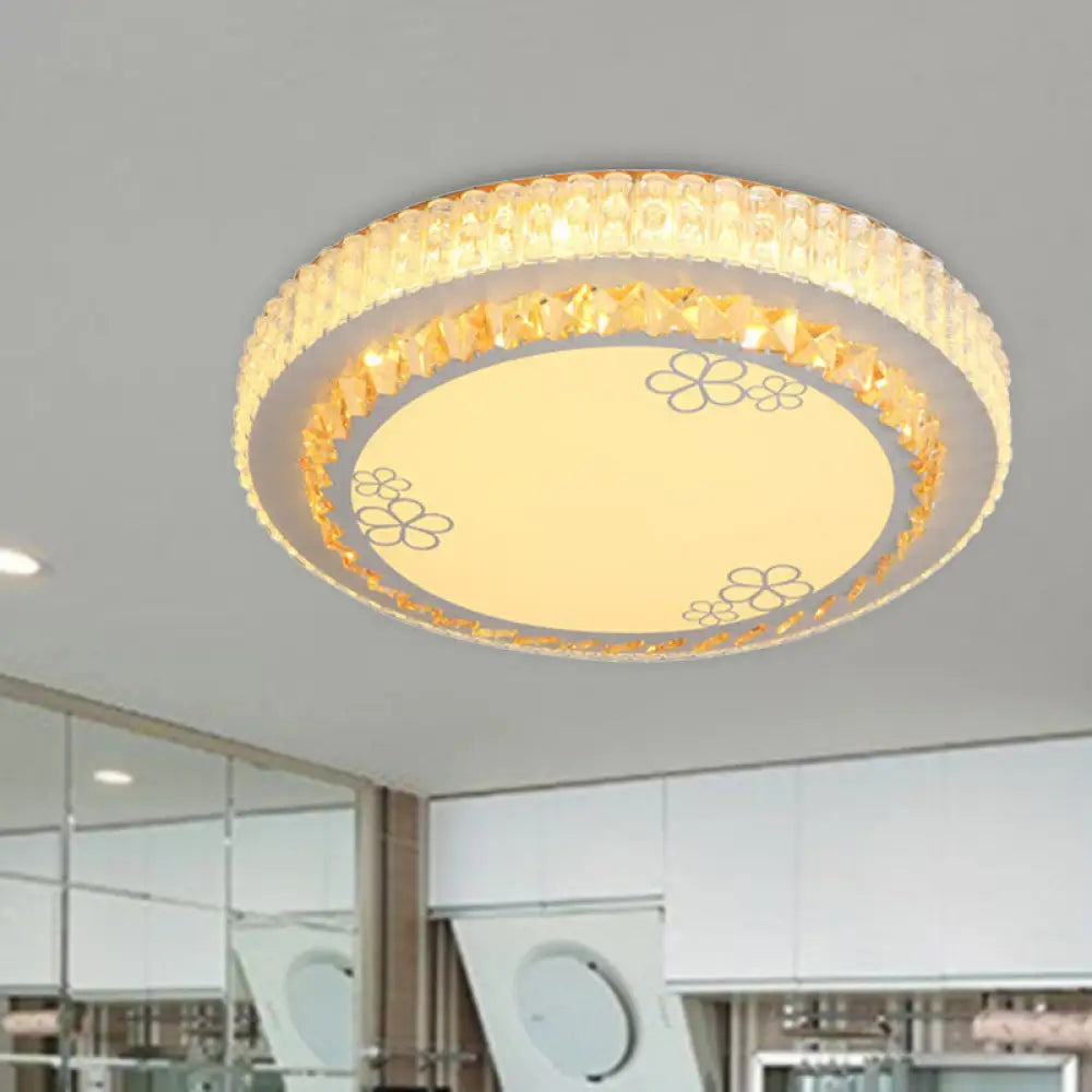 White Crystal Led Flush Mount Lamp With Flower Pattern - Elegant Bedroom Lighting