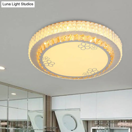 White Crystal Led Flush Mount Lamp With Flower Pattern - Elegant Bedroom Lighting