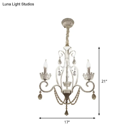 White Crystal Pendant Chandelier: Classic Candlestick Ceiling Hang With 3 Bulbs And Scroll Arm