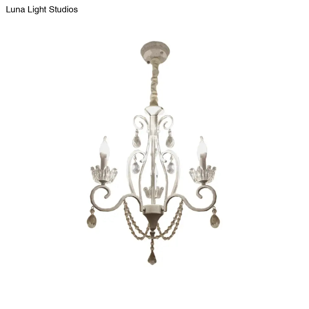 White Crystal Pendant Chandelier: Classic Candlestick Ceiling Hang With 3 Bulbs And Scroll Arm