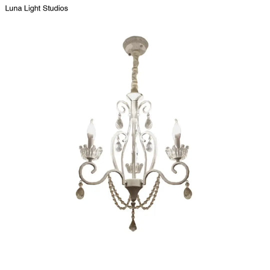 White Crystal Pendant Chandelier: Classic Candlestick Ceiling Hang With 3 Bulbs And Scroll Arm