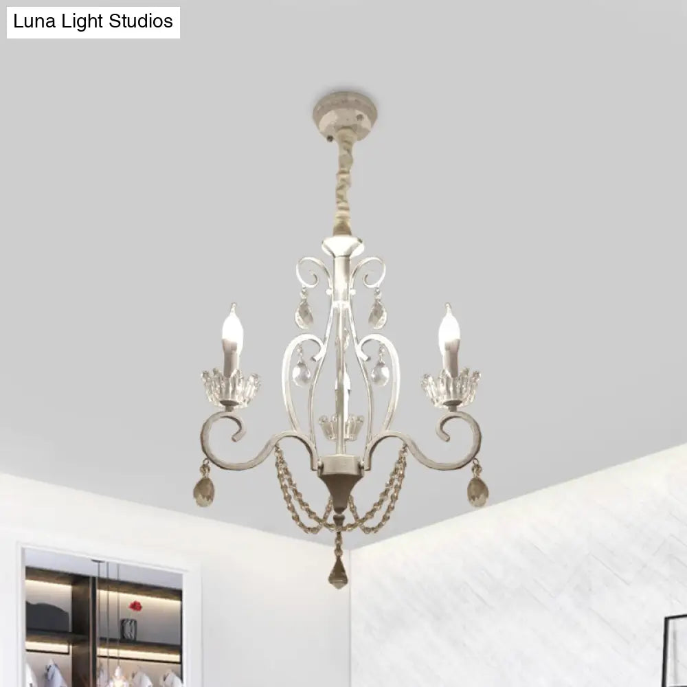 White Crystal Pendant Chandelier: Classic Candlestick Ceiling Hang With 3 Bulbs And Scroll Arm