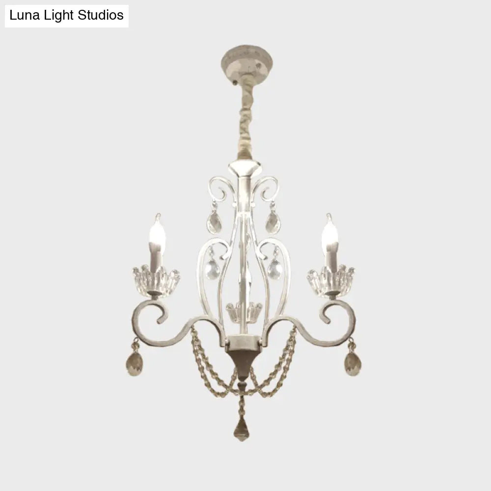 White Crystal Pendant Chandelier: Classic Candlestick Ceiling Hang With 3 Bulbs And Scroll Arm