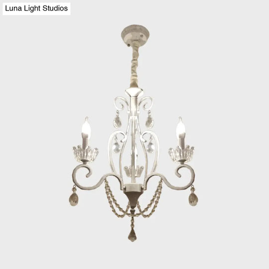 White Crystal Pendant Chandelier: Classic Candlestick Ceiling Hang With 3 Bulbs And Scroll Arm