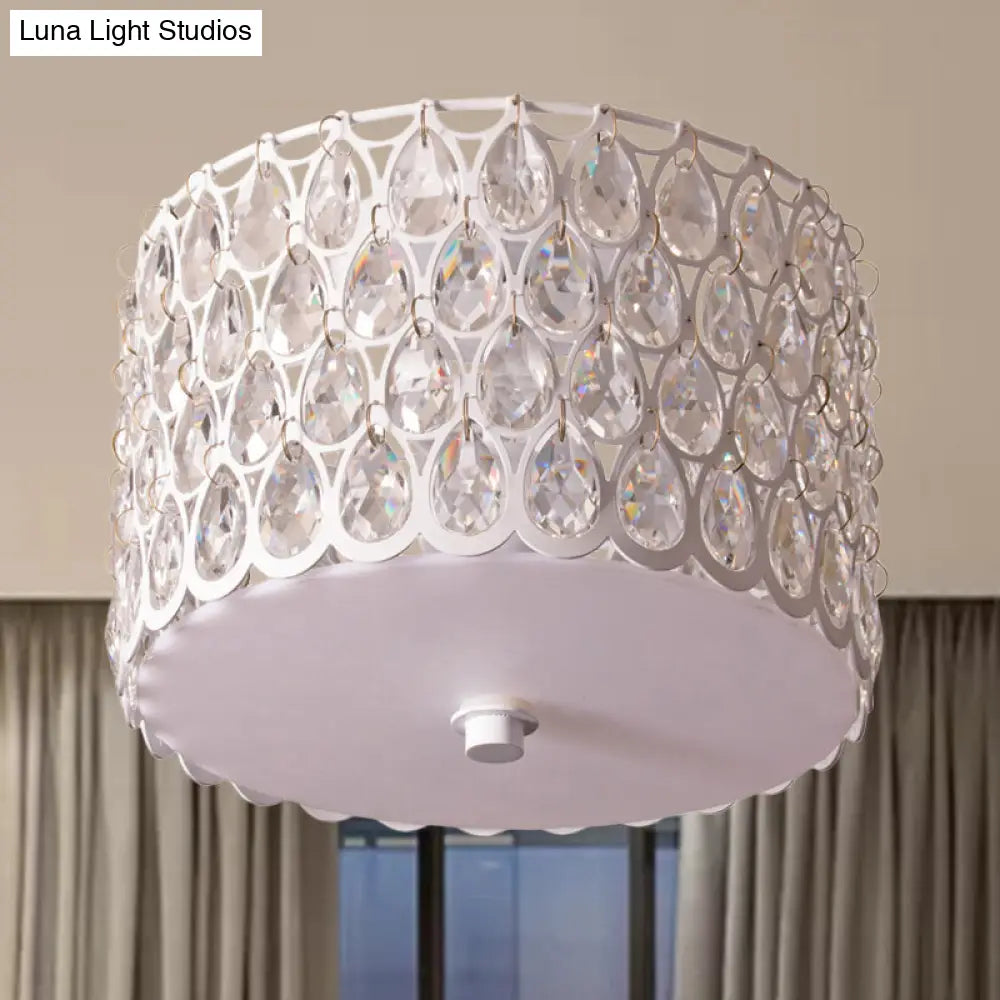 White Crystal Round Flush Lamp - Simplicity 2-Light Ceiling Mount With Iron Mesh