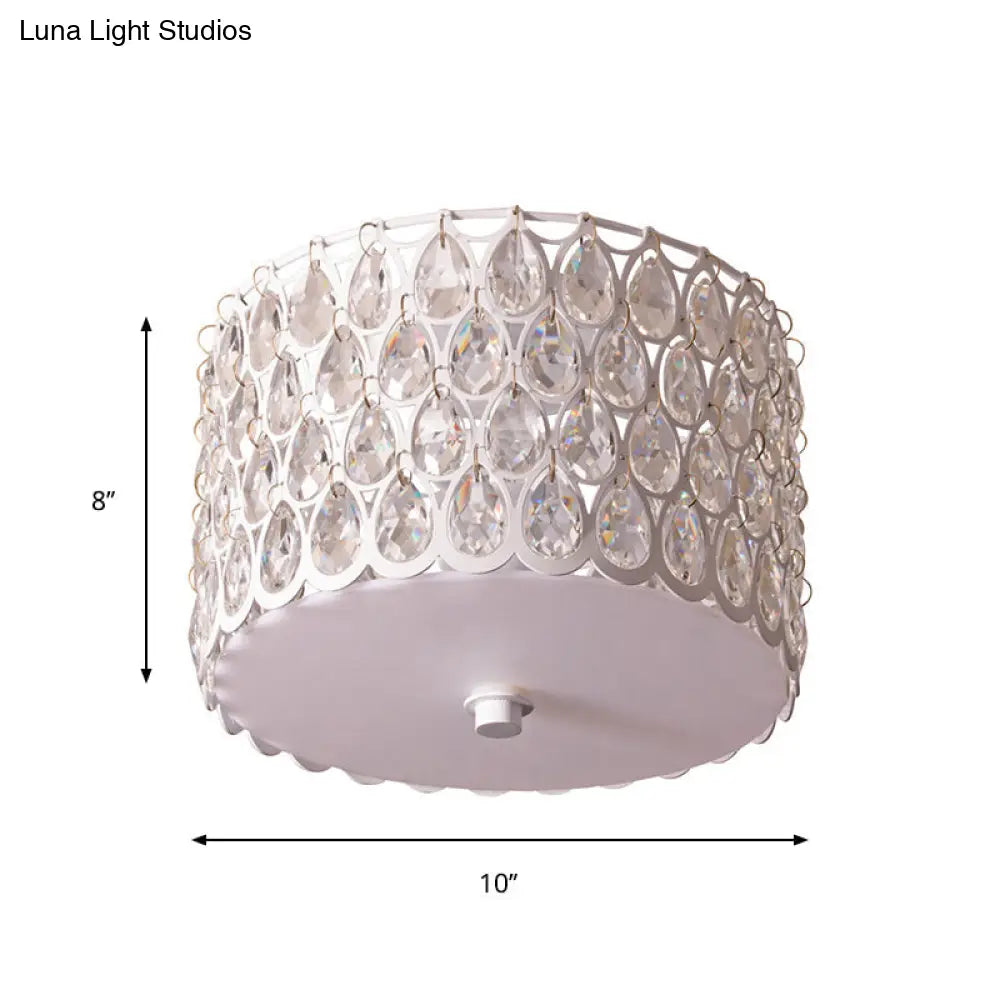 White Crystal Round Flush Lamp - Simplicity 2-Light Ceiling Mount With Iron Mesh