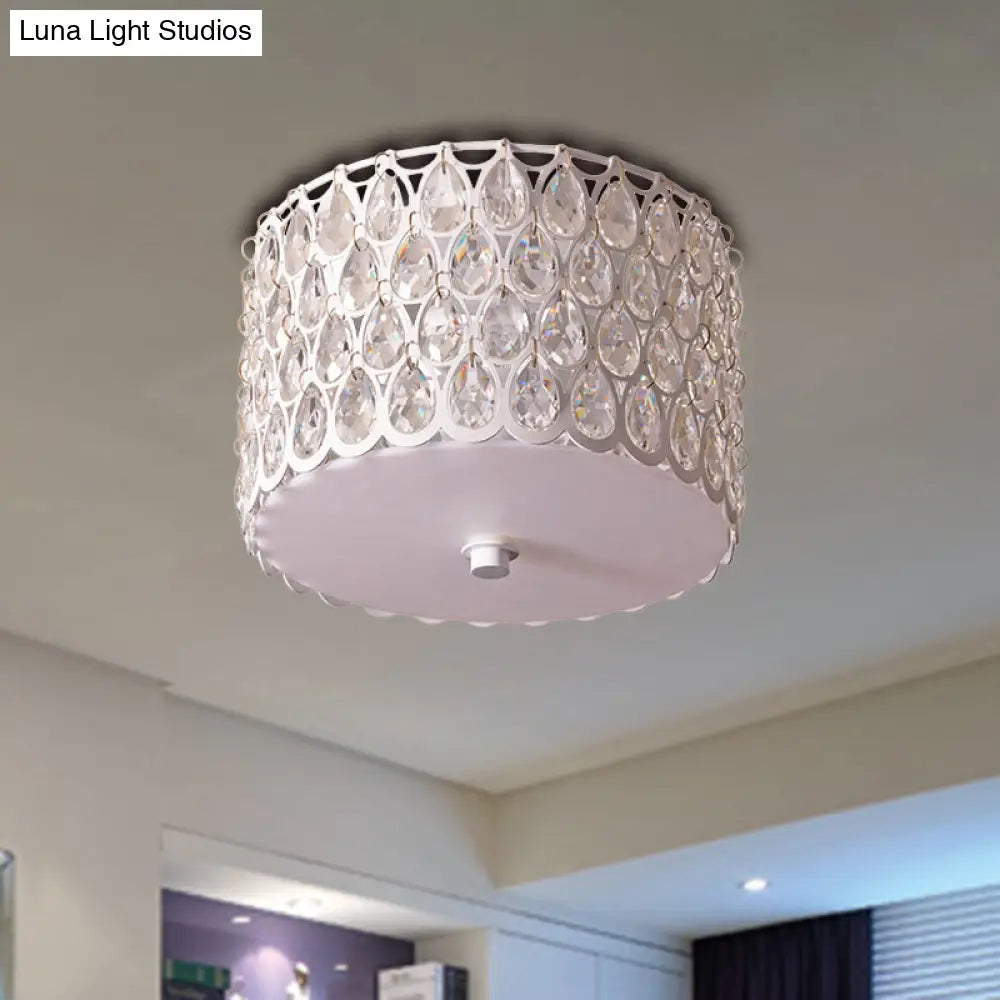 White Crystal Round Flush Lamp - Simplicity 2-Light Ceiling Mount With Iron Mesh