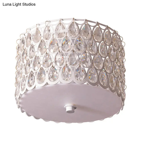 White Crystal Round Flush Lamp - Simplicity 2-Light Ceiling Mount With Iron Mesh