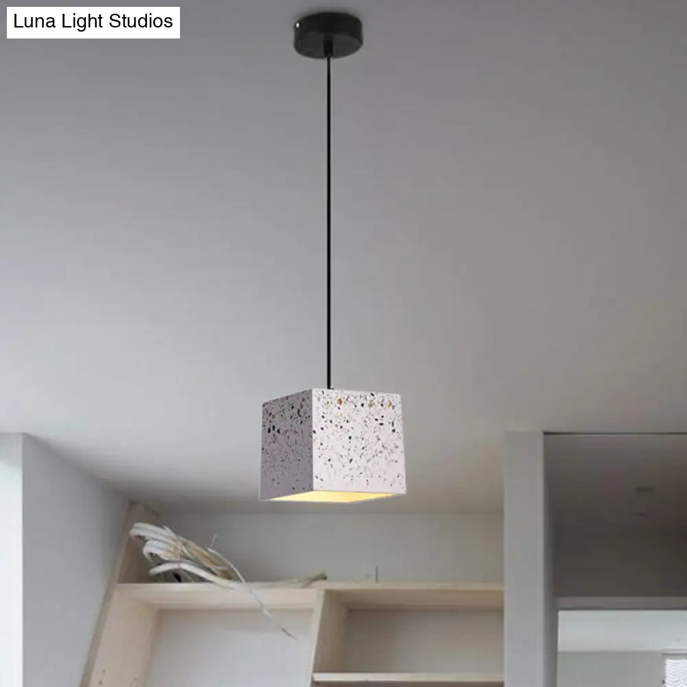 Modern Nordic White Cube Pendant Lamp For Restaurants - 1 Light Terrazzo Ceiling Fixture