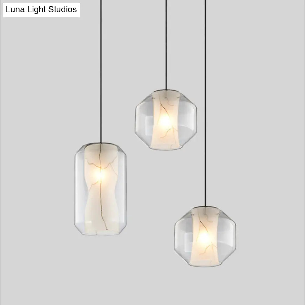 Modern White Pendant Light With Faux Marble And Clear Glass Shade / B