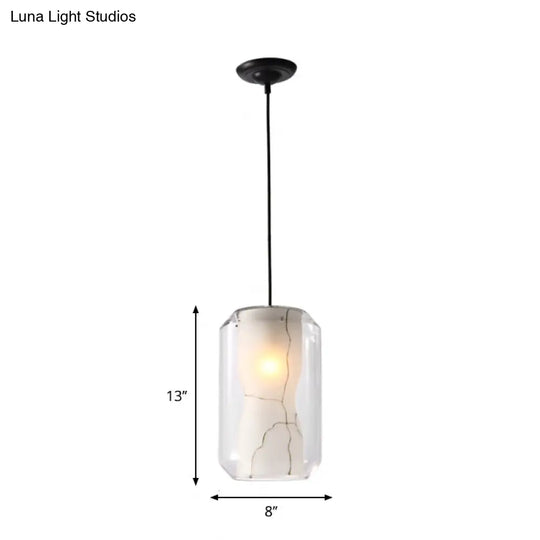 White Curved Pendant Light - Modern Faux Marble Suspension Lamp With Clear Glass Shade