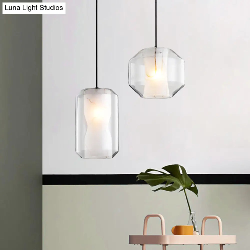 Modern White Pendant Light With Faux Marble And Clear Glass Shade