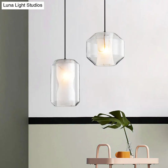 Modern White Pendant Light With Faux Marble And Clear Glass Shade