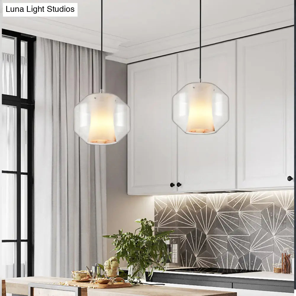 Modern White Pendant Light With Faux Marble And Clear Glass Shade / A