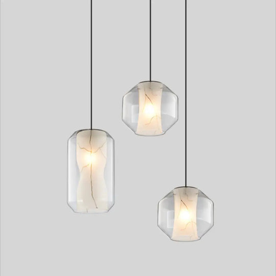 White Curved Pendant Light - Modern Faux Marble Suspension Lamp With Clear Glass Shade / B