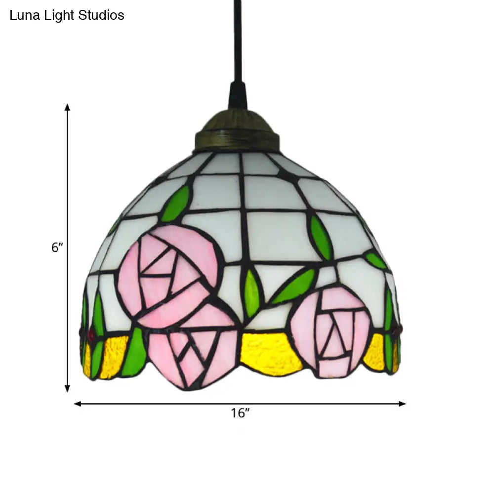 White Cut Glass Domed Ceiling Hang Fixture: 1 Light Mediterranean Suspension Lighting With Rose