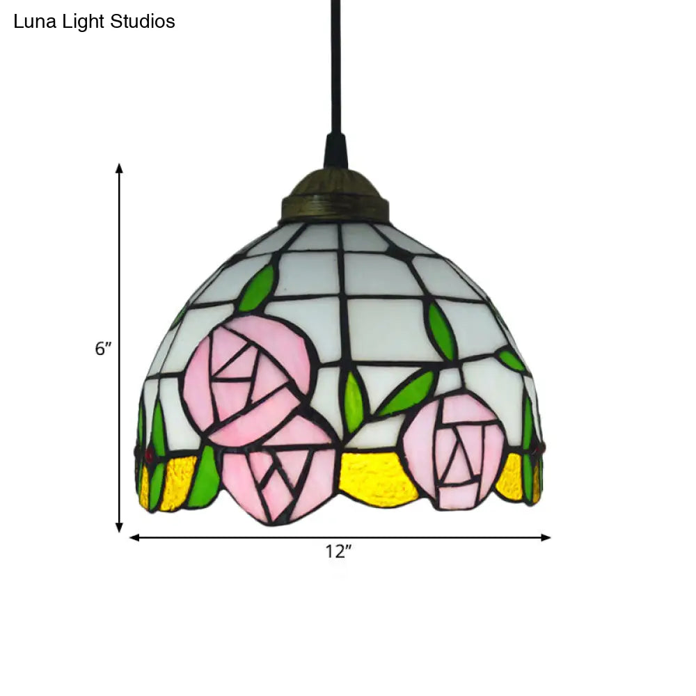 White Cut Glass Domed Ceiling Hang Fixture: 1 Light Mediterranean Suspension Lighting With Rose