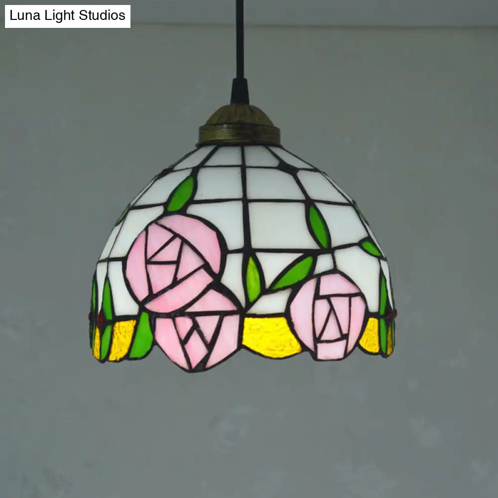 White Cut Glass Domed Ceiling Hang Fixture: 1 Light Mediterranean Suspension Lighting With Rose