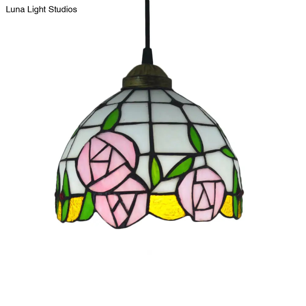 White Cut Glass Ceiling Hang Fixture - Domed Mediterranean Suspension Lighting With Rose Pattern