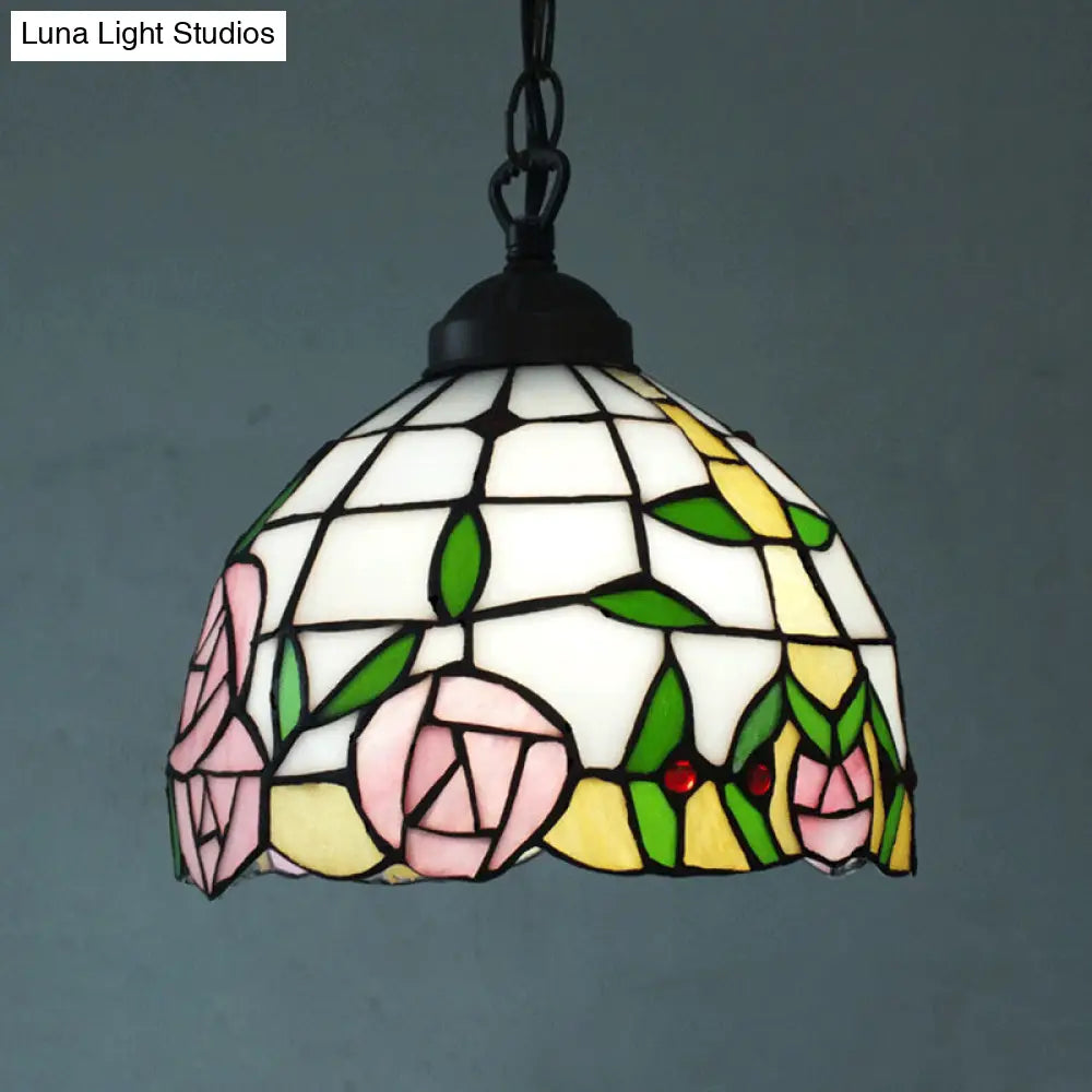 White Cut Glass Ceiling Hang Fixture - Domed Mediterranean Suspension Lighting With Rose Pattern