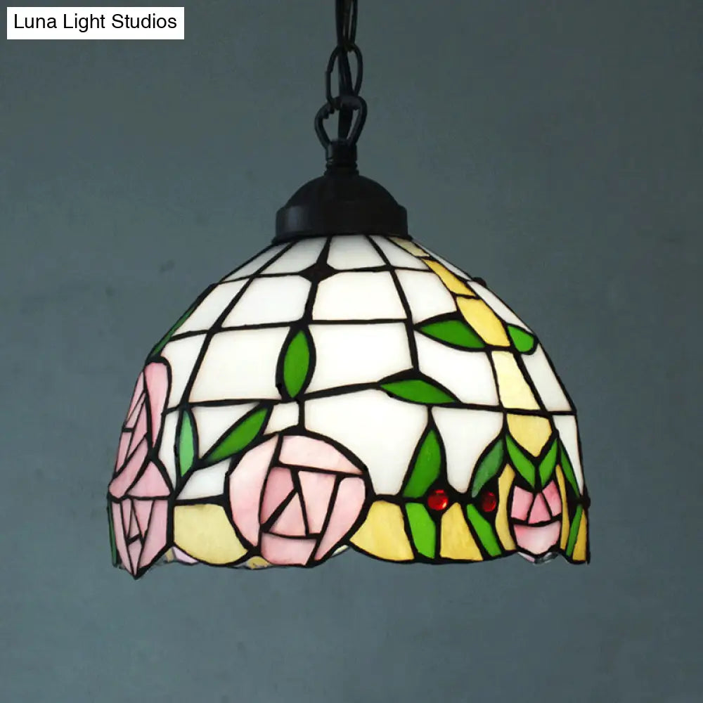 White Cut Glass Domed Ceiling Hang Fixture: 1 Light Mediterranean Suspension Lighting With Rose