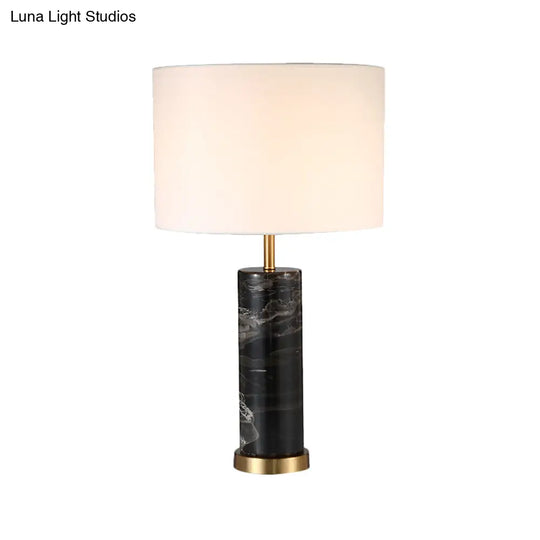 White Cylinder Nordic Table Lamp With Black Marble Base - Task Light 1 Bulb Fabric Nightstand