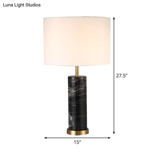 White Cylinder Nordic Table Lamp With Black Marble Base - Task Light 1 Bulb Fabric Nightstand