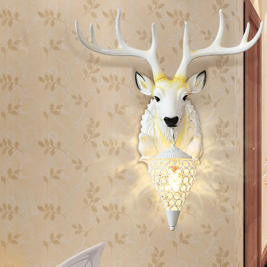 White Deer Head Beveled Crystal Wall Lamp - Country Oval Mount With Single Light