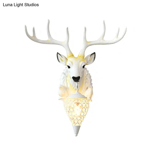 White Deer Head Beveled Crystal Wall Lamp - Country Oval Mount With Single Light