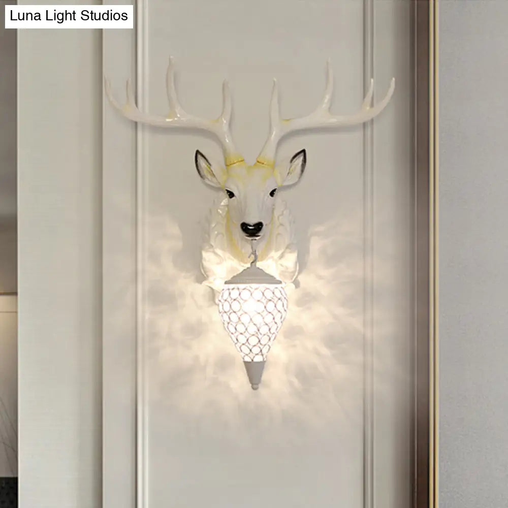 White Deer Head Beveled Crystal Wall Lamp - Country Oval Mount With Single Light