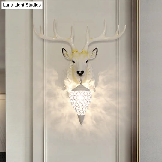 White Deer Head Beveled Crystal Wall Lamp - Country Oval Mount With Single Light