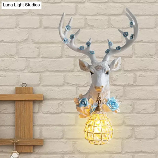 White Deer Head Sconce Light With Crystal Globe Shade - Traditional Indoor Wall Mount Lamp