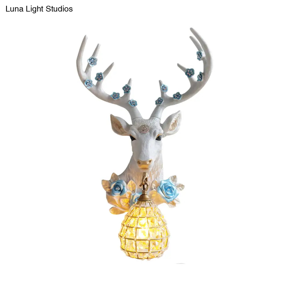 White Deer Head Sconce Light With Crystal Globe Shade - Traditional Indoor Wall Mount Lamp