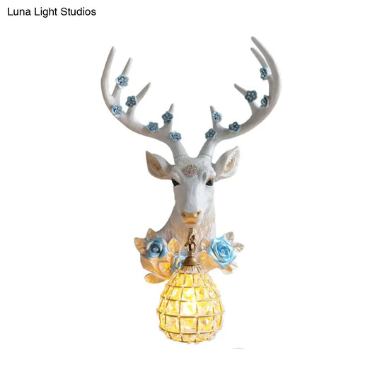 White Deer Head Sconce Light With Crystal Globe Shade - Traditional Indoor Wall Mount Lamp