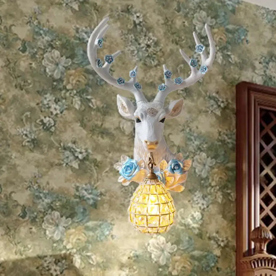 White Deer Head Sconce Light With Crystal Globe Shade - Traditional Indoor Wall Mount Lamp