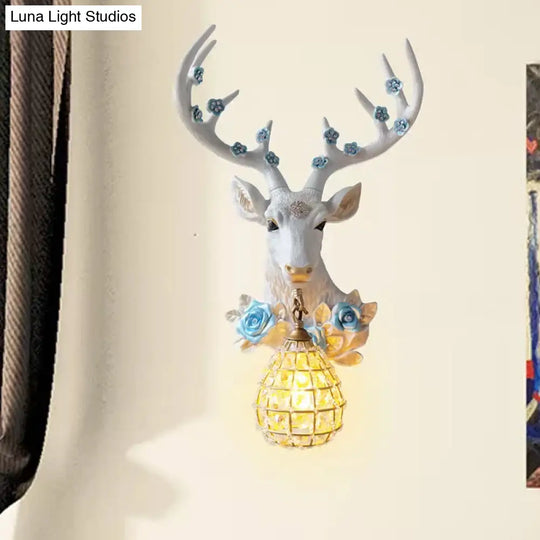 White Deer Head Sconce Light With Crystal Globe Shade - Traditional Indoor Wall Mount Lamp