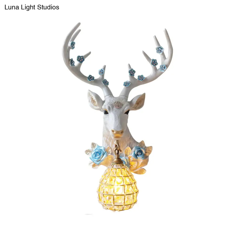 White Deer Head Sconce Light With Crystal Globe Shade - Traditional Indoor Wall Mount Lamp