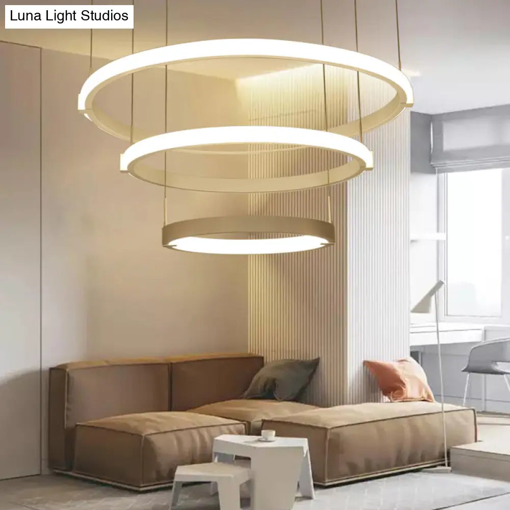 Simple White Chandelier With Led Lights: Double/ Triple Ring Design / Warm Three Rings