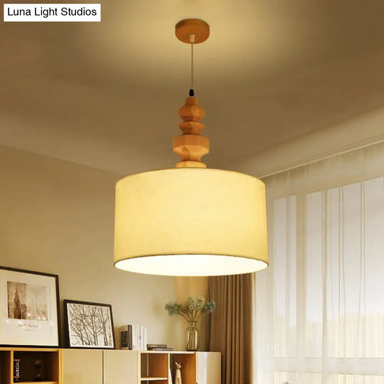 White Drum Drop Pendant Light With Fabric Shade - Minimalist Design For Dining Table