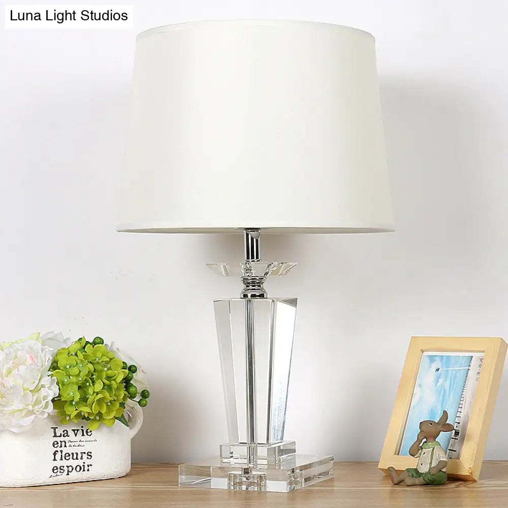 White Drum Nightstand Lamp - Traditional Fabric Bedside Table Light With Crystal Base