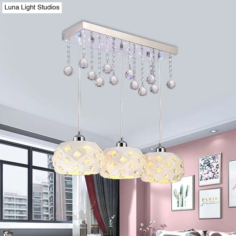 White Drum Hanging Pendant Light With Crystal Ball Accent - 3-Bulb Metal Ceiling Lamp